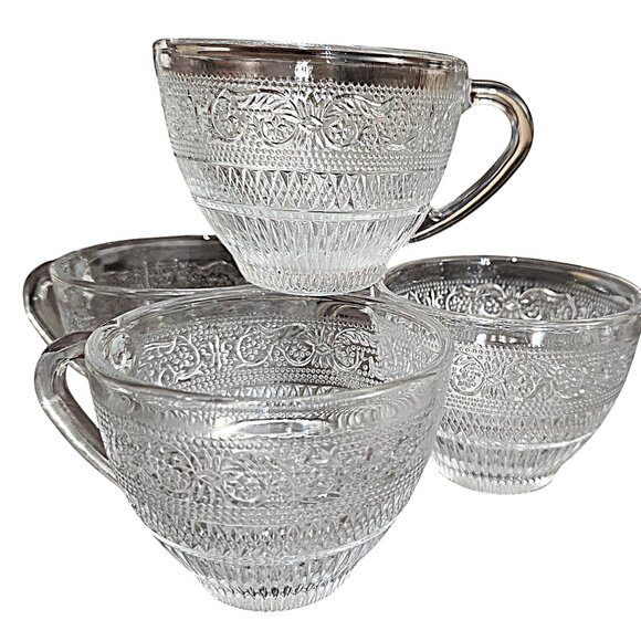 Set of 4 Cups, Four Vintage Embossed Glass Teacups, Coffee Cups, Tea Cup Set, - Picture 1 of 8
